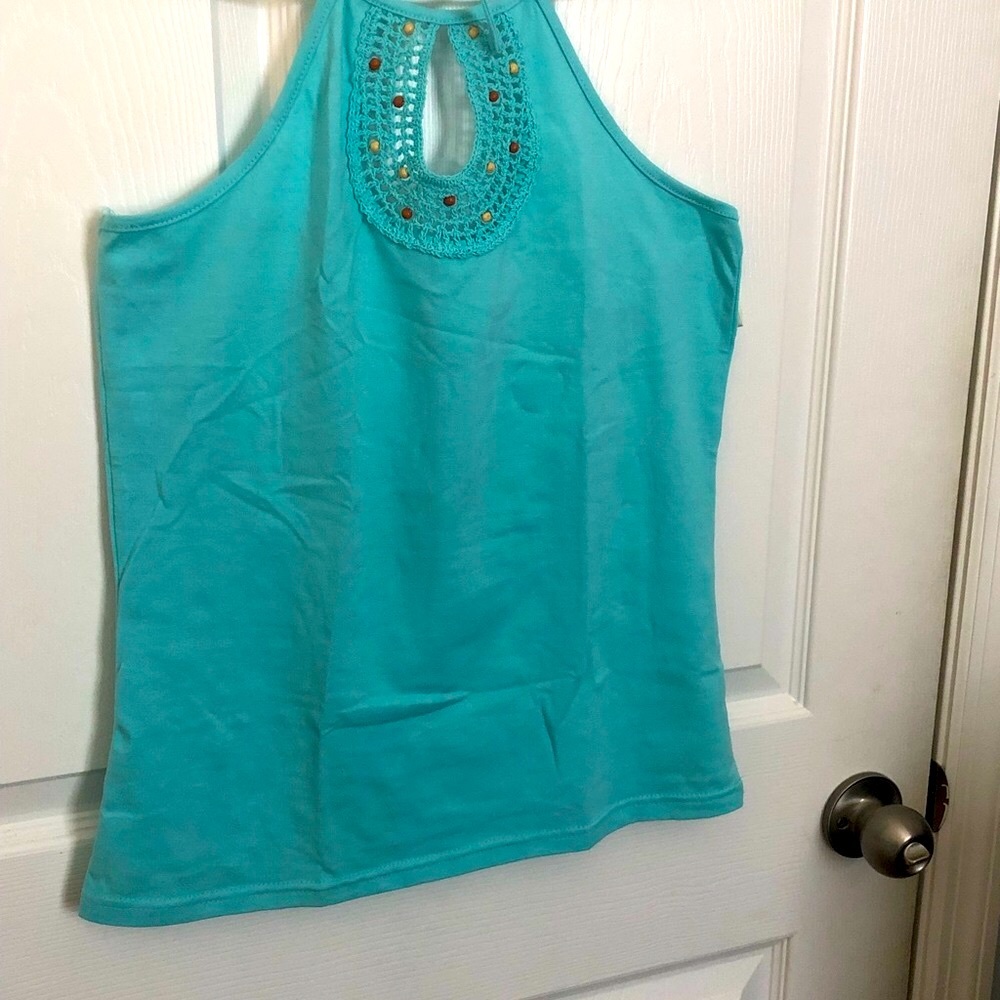 Stone Eyes summer top blue Sz L juniors , Aqua, Sun Top, Crochet, Beads Detail